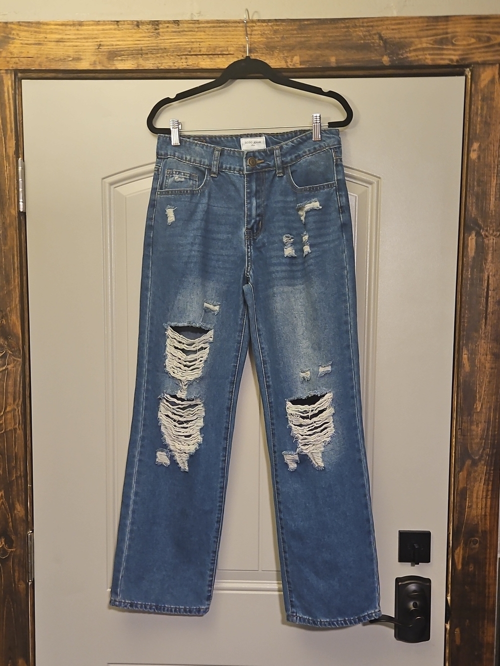 Gogo Jeans USA Distressed Denim Blue Jeans Adjustable Built-In Back Belt  7/28🔅